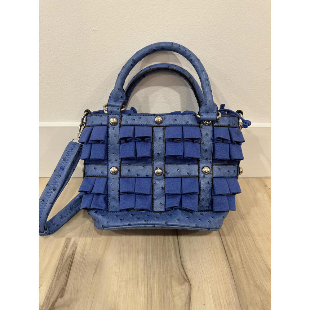 Blue Faux Ostrich Leather Handbag with Ruffle Detail